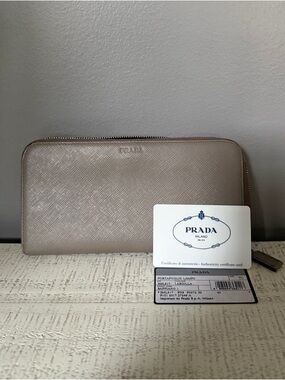 Prada Saffiano Leather Zip Wallet in Taupe